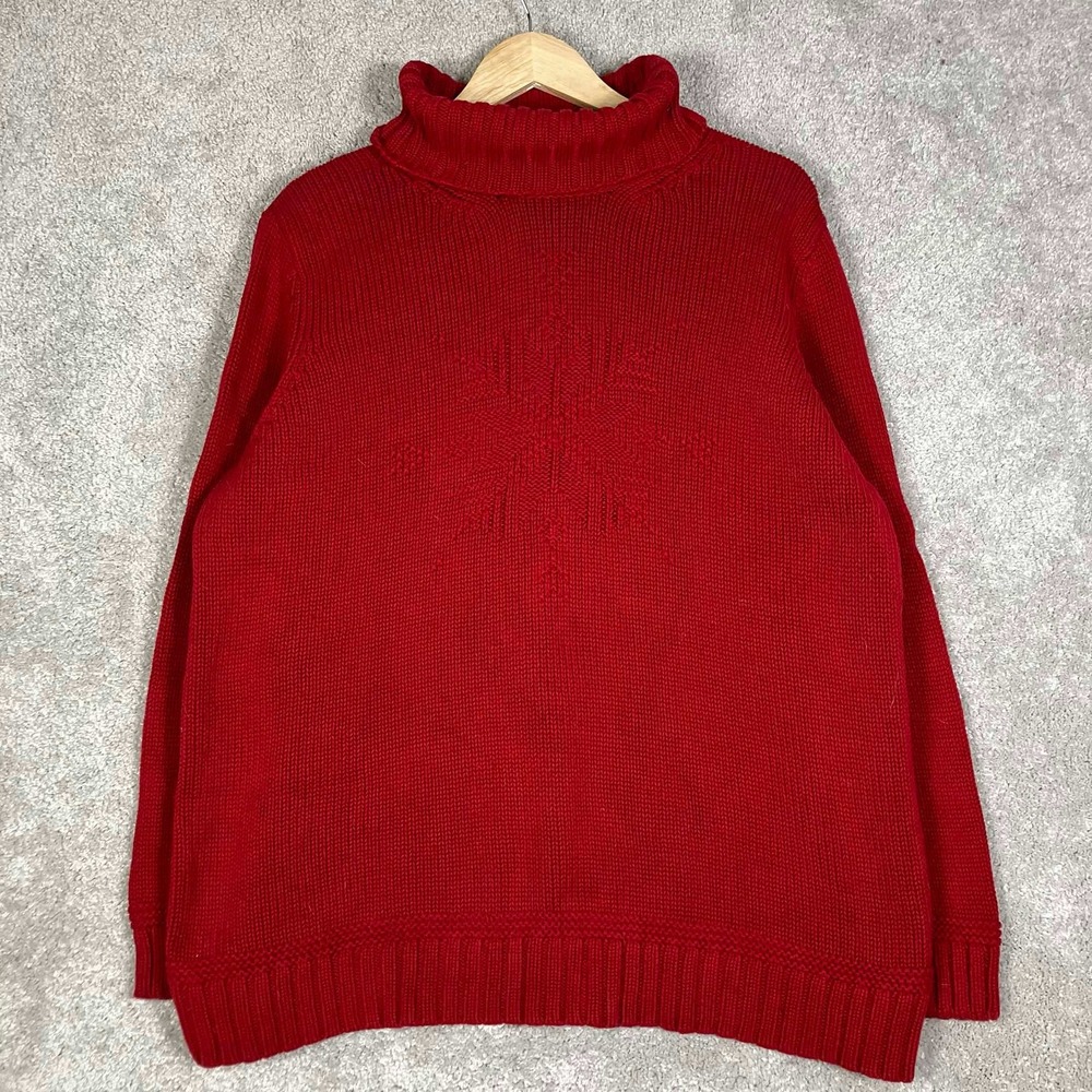 Ralph Lauren LRL Womens Red Snowflake Knit Turtleneck Sweater Cotton 1X VTG